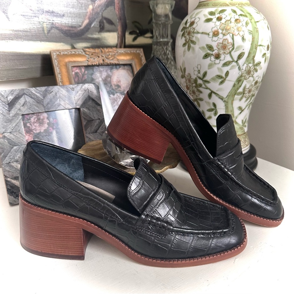 Dolce Vita Black Croc-Embossed Block Heel Loafers with Brown Heel